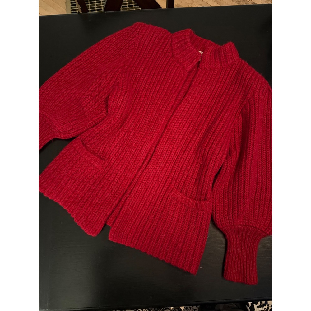 Braefair Vintage‎ Red Mohair Wool Blend Chunky Knit Balloon Sleeve Cardigan M
